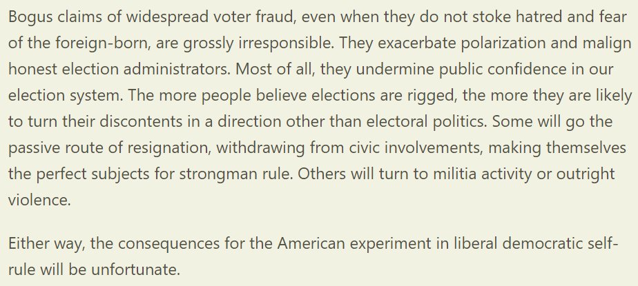 This piece by @walterolson deserves to be widely read/disseminated RE, the falsehood of rampant non-citizen voting being spread by Trump and Co. theunpopulist.net/p/the-rights-b…