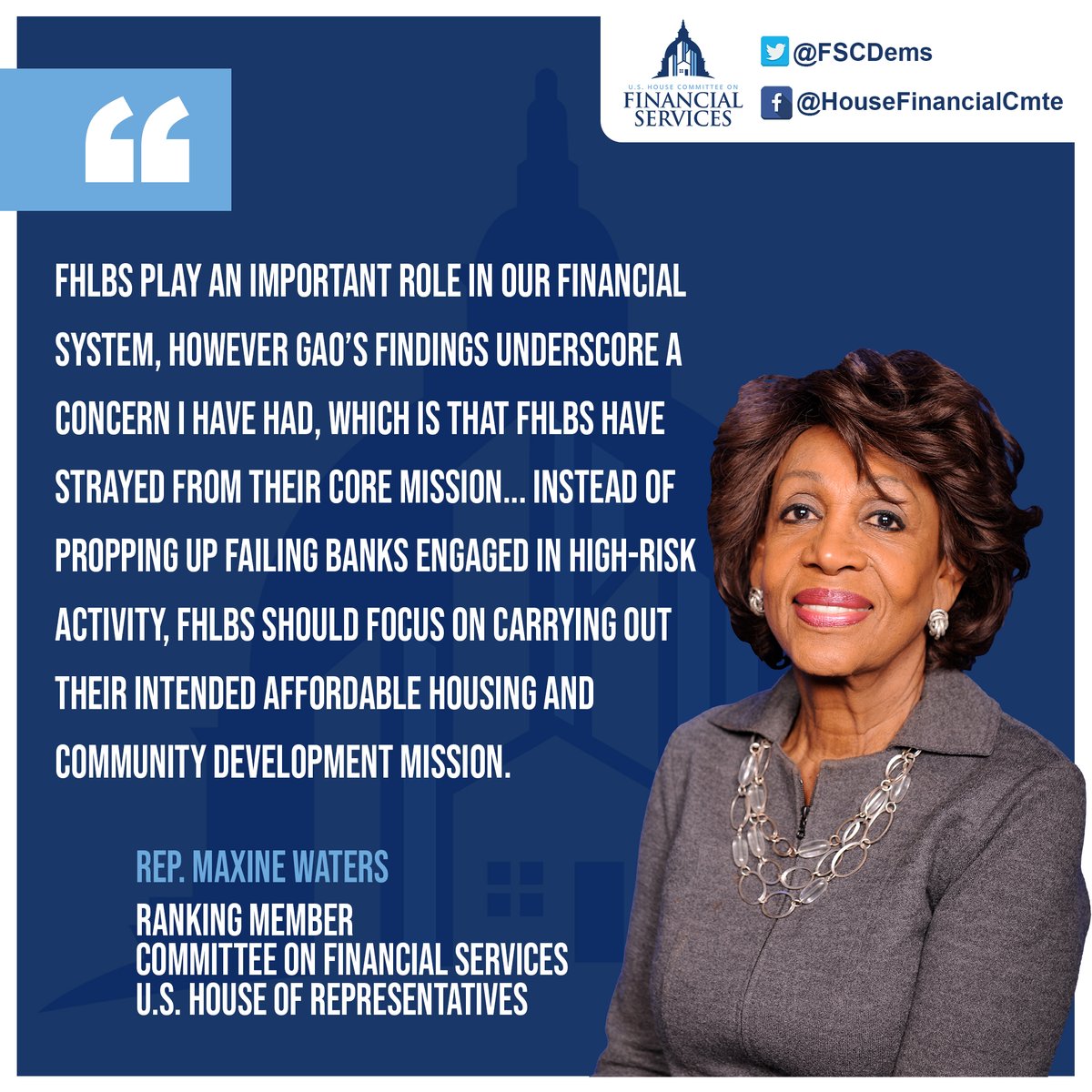 Ranking Member @RepMaxineWaters' statement following @USGAO's recently released report on the Federal Home Loan Banks’ (FHLBs) role in the lead-up to the failures of Silicon Valley Bank, Signature Bank, and First Republic. | tinyurl.com/5n6jjd4p