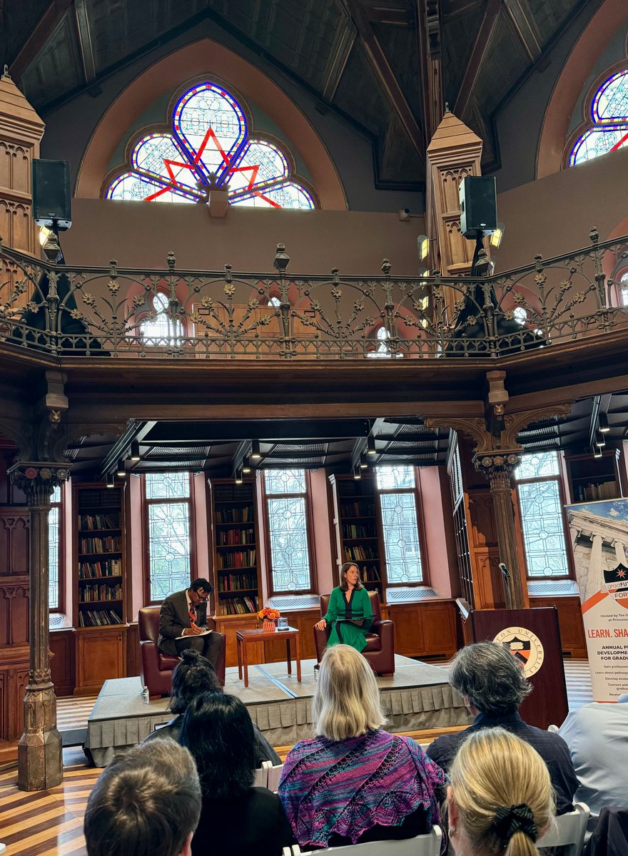 PrincetonGrad's tweet photo. Dr. Emily Miller, of @AAUniversities , is discussing the imperative of #professionaldevelopment for grad students, with @PrincetonGrad Dean Rodney Priestley. Miller is honored with the 2024  #GradFUTURES GRADitude Award for her national leadership on this issue. https://t.co/D2058lUoxC
