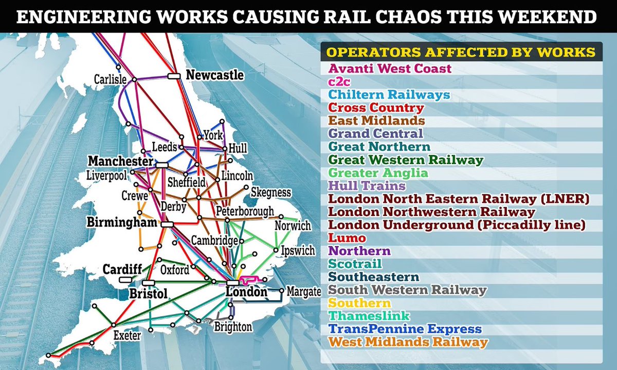cha0slag's tweet image. iccups are expected to be at London Euston

"Rail passengers brace yourselves for yet another weekend of disruption as major engineering works and strikes continue across Britain. #RailChaos