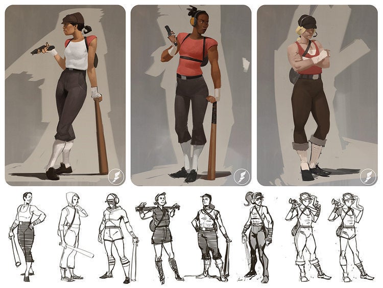 I think about these unused female TF2 merc designs all the time. Chinese female Engi goes crazy.