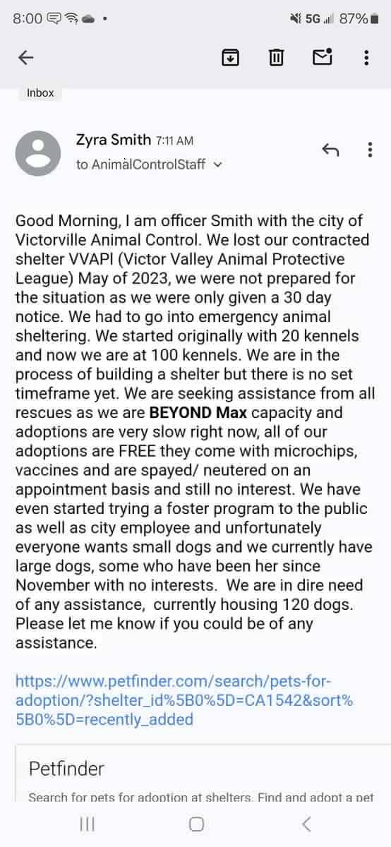 Animal Rescue CA Victorville & Apple Valley shelters are looking for adoption & rescue partners ASAP. They are over capacity, so it’s important to fill these spots immediately. #animalrescue