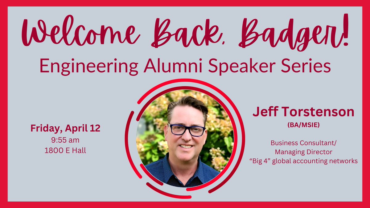 Our 'Welcome Back, Badger' series continues tomorrow with Jeff Torstenson, a #UWISYE alum with 20+ years' experience with the 'Big 4' as a business consultant and managing director. We're excited to welcome him back to campus! @WisAlumni @UWMadEngr lnkd.in/gPbtB3rH