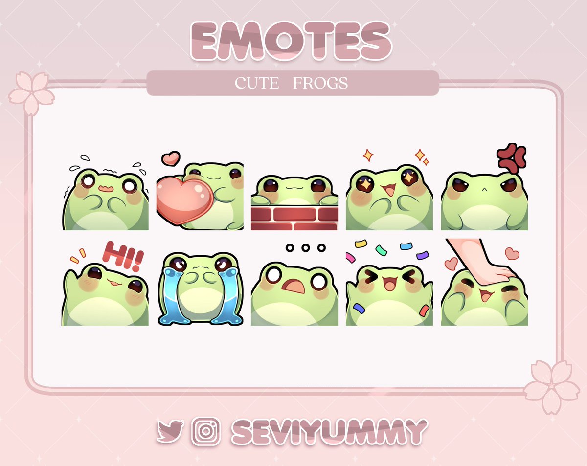 🐸 Cute Frogs 🐸 Pre-made sets of emotes! 🌸💲1⃣0⃣ usd the whole set ^^🌸 You can find these and more here: ✨ etsy.com/shop/SeviYummy ✨ ko-fi.com/seviyummy/shop