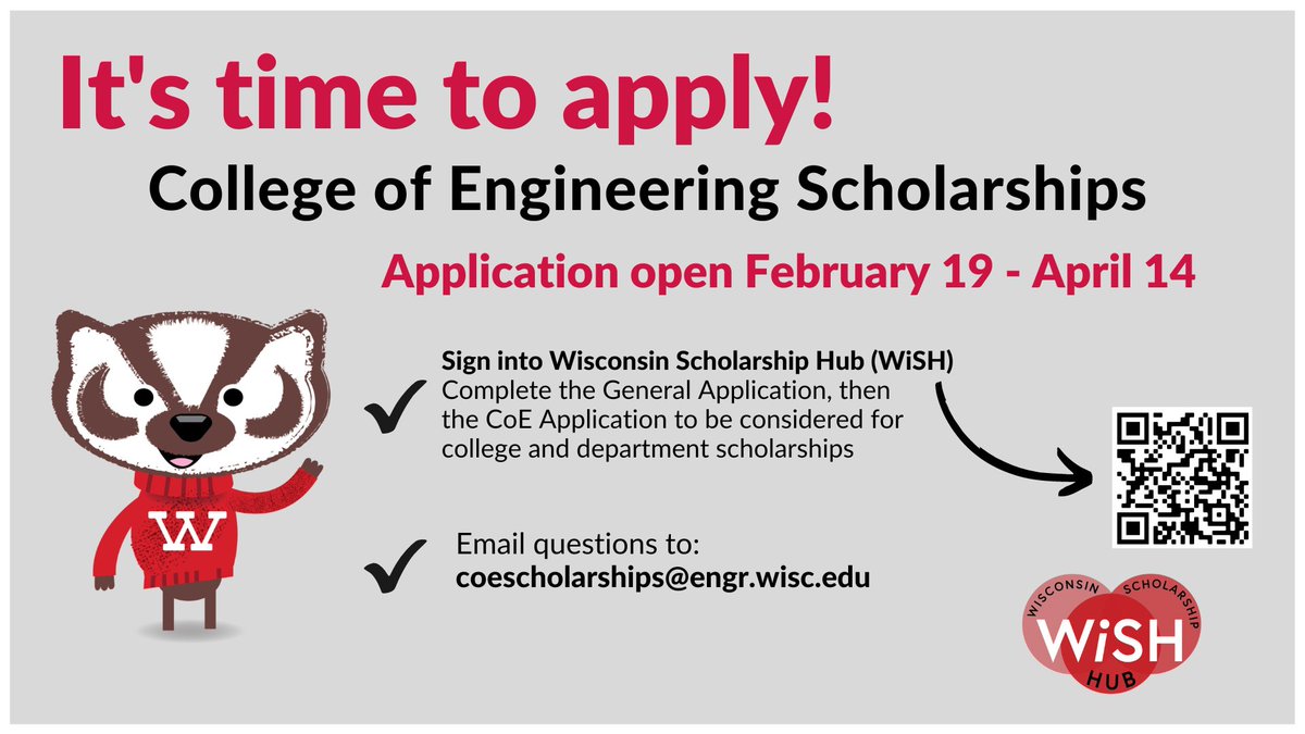 It's not too late #BadgerEngineers! The @UWMadEngr college & department scholarships are due tomorrow. Make sure you fill out your application now!