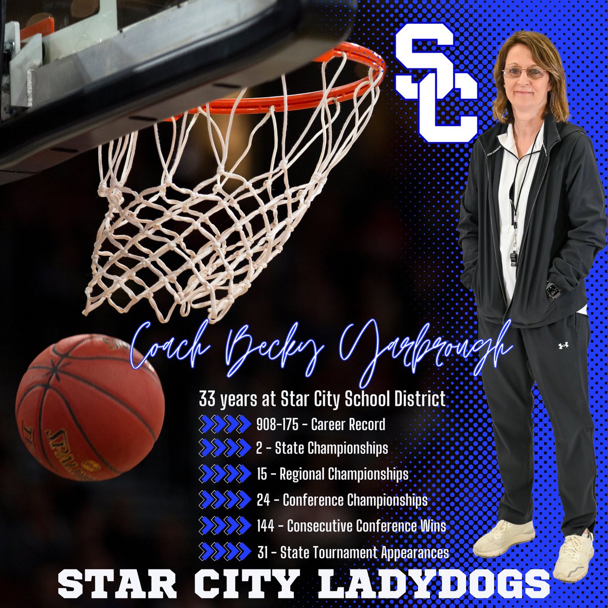 Please join us in celebrating Coach Becky Yarbrough on an amazing career with the Star City Ladydogs. Coach Becky will be retiring after a remarkable career, dedicating 33 years to the Ladydog Program! #BeTheBest