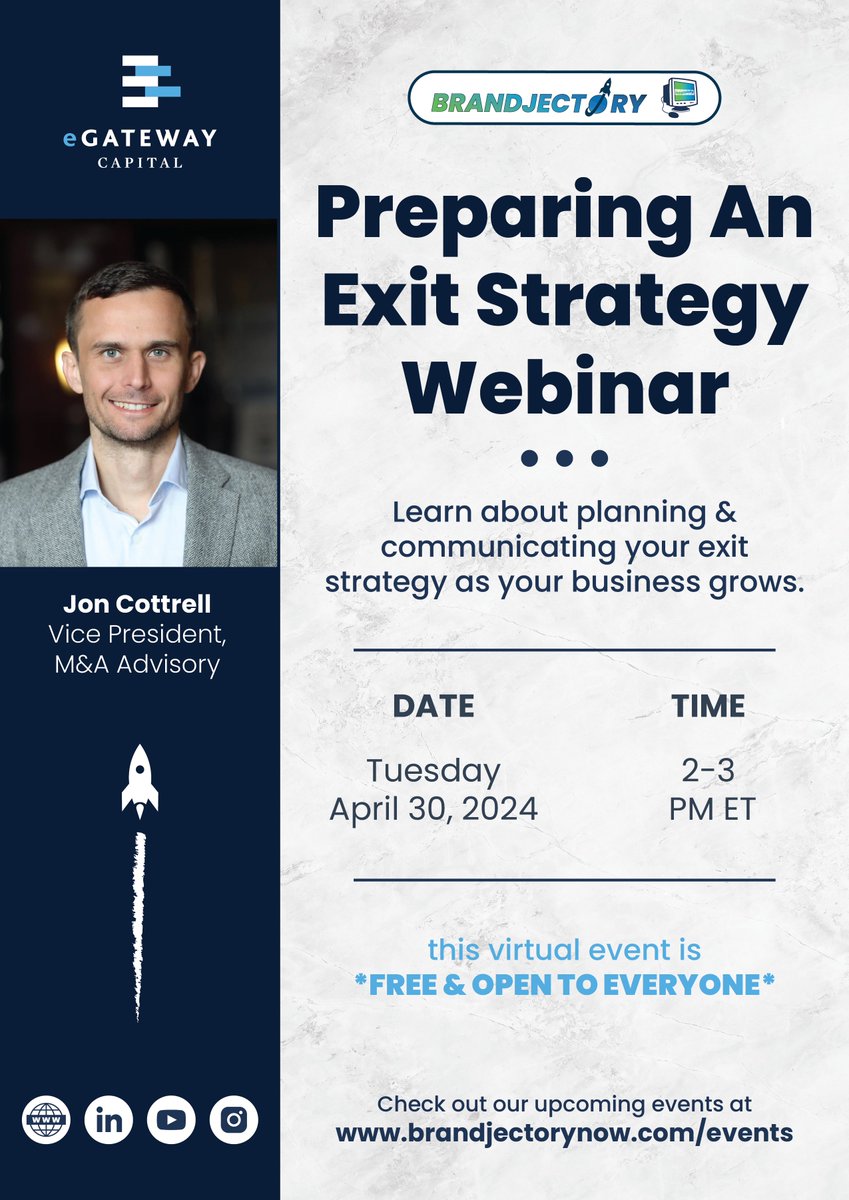 @Brandjectory has another great open-to-everyone event scheduled with Jon Cottrell of @EgatewayCapital! We will be discussing planning for & communicating your exit strategy as you grow! Join us for this free event: lnkd.in/g_ZFW4cy? #emergingbrands #founder #investors