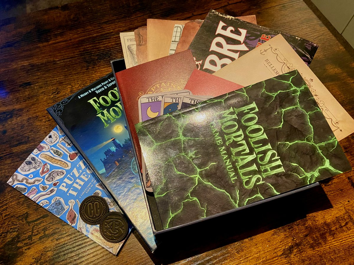 inklingwood's tweet photo. Some tweaks still to do, but for the first time we've assembled a complete Foolish Mortals #bigbox! Packed with twelve in-universe documents, a jewel case CD, manual, and two pins! Late pledge is still on our site too 😄👻
#adventuregames #videogames #haunted #feelies #indiegames https://t.co/bGDCQmeA3H