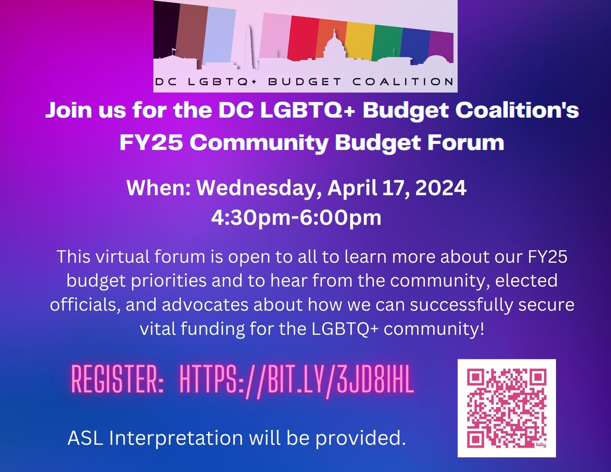 JOIN US for our annual DC LGBTQ+ Budget Coalition Community Budget Forum on Weds, April 17th from 4:30pm-6pm. We'll present more information about our current budget priorities & how to get involved and support our advocacy work. RSVP here: bit.ly/3Jd8IHl