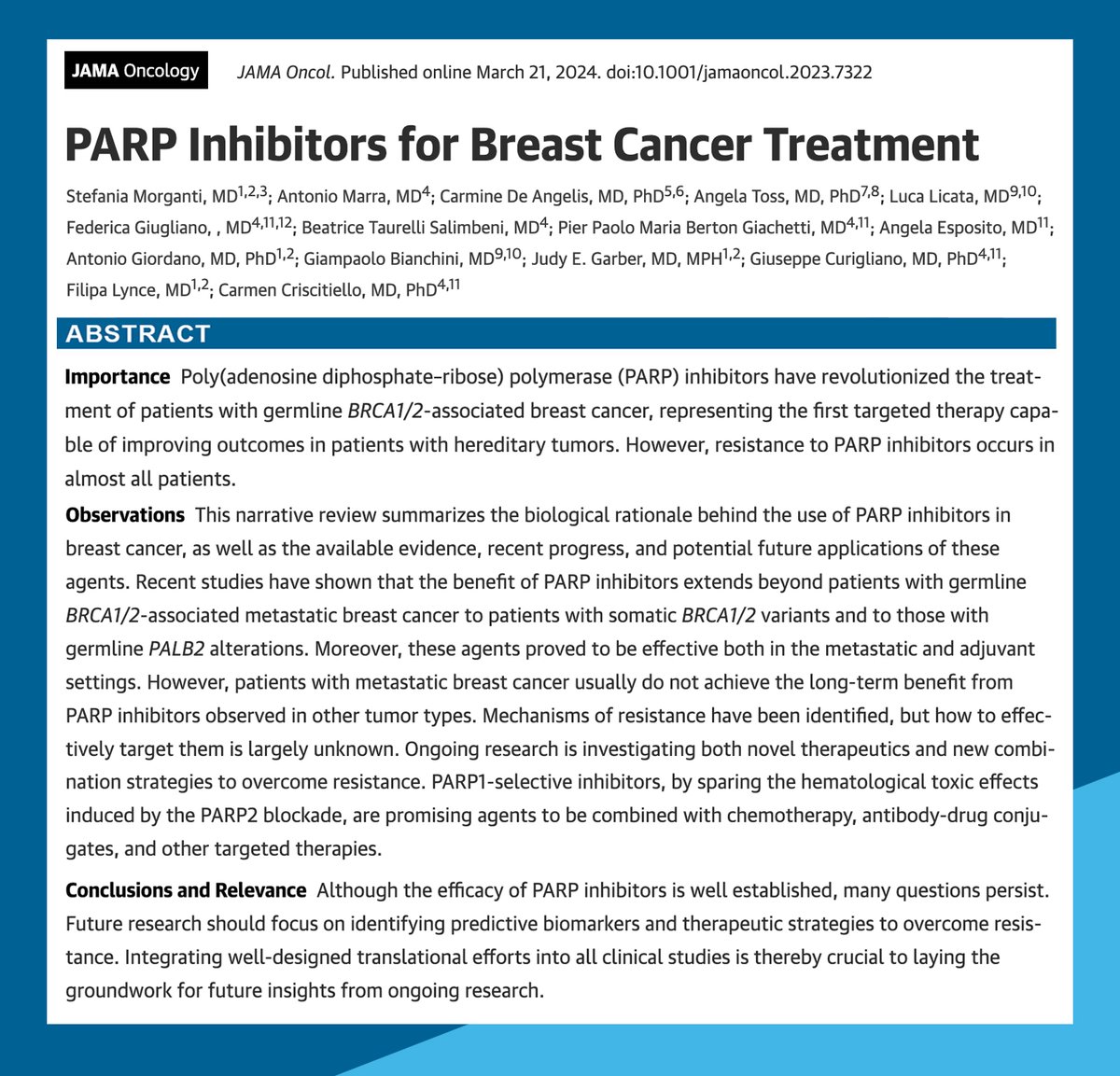 Have you read this excellent @JAMAOnc review on #PARPInhibitors for #BreastCancer Treatment? 
If not, here is the link 👇👇👇pubmed.ncbi.nlm.nih.gov/38512229/
@StefiMorganti @CarmenCriscit @FilipaLynce @antgiorda @antoniomarraMD @CarmineDeA1 @curijoey @judygarber5 @BianchiniGP @angela_toss