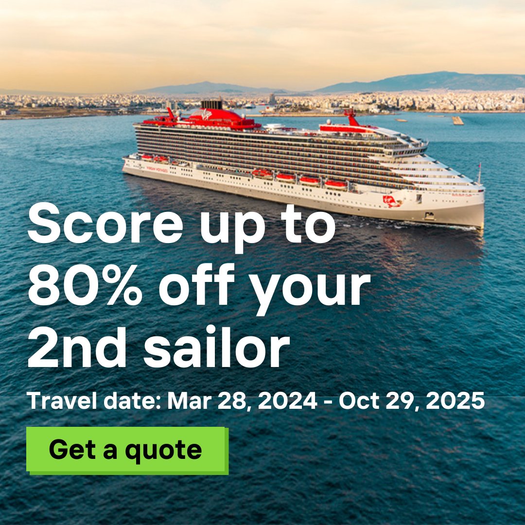 ⚓ Virgin Voyages: Score up to 80% off your 2nd Sailor on all Mediterranean sailings and 70% off on all Caribbean sailings. 🚢

✨ Travel dates: Mar 28, 2024 - Oct 29, 2025

Book your adventure now! #CruiseDeals #TravelDiscounts #VirginVoyages #HeyPersonalAssistant
