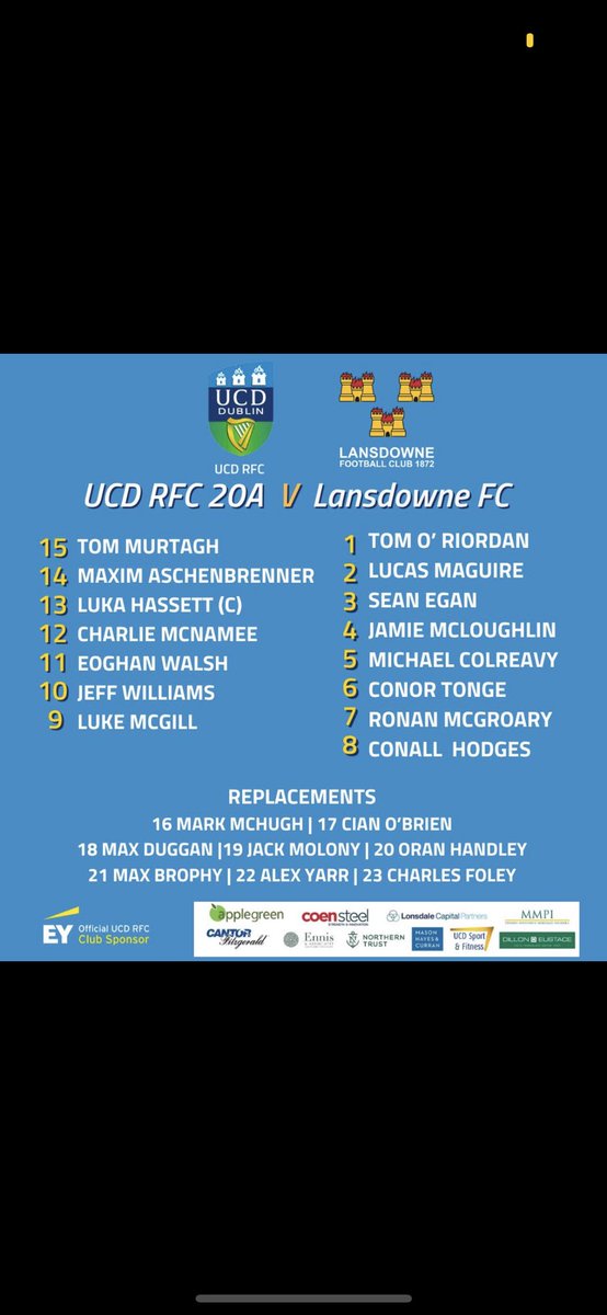 Our 20’s take on @LansdowneFC in the Fraser McMullen final at 2pm on Saturday in Wanderers The bar will be open from 12:30 onwards, with #LEIvLAR on the screens at 5:30pm Set to be a cracking day out Get down and show Collidge support 💥 Team news below ⬇️ #AdAstra 🔵🟡
