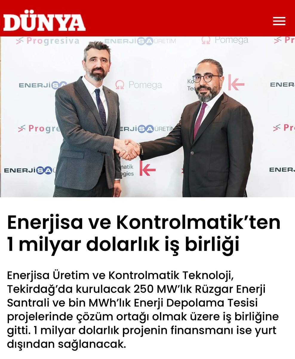 Enerjisa ve Kontrolmatik’ten 1 milyar dolarlık iş birliği Enerjisa Üretim ve Kontrolmatik Teknoloji, Tekirdağ’da kurulacak 250 MW’lık Rüzgar Enerji Santrali ve bin MWh’lık Enerji Depolama Tesisi projelerinde çözüm ortağı olmak üzere iş birliğine gitti. 1 milyar dolarlık projenin…