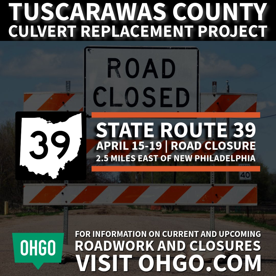 ODOT_EasternOH's tweet photo. Starting Monday, April 15, through April 19, State Route 39 will close to traffic due to a culvert replacement project between Tabor Ridge Road and Kaserman Road. For detour information, visit https://t.co/SPymNVsdKL https://t.co/FvDrmDMbI2