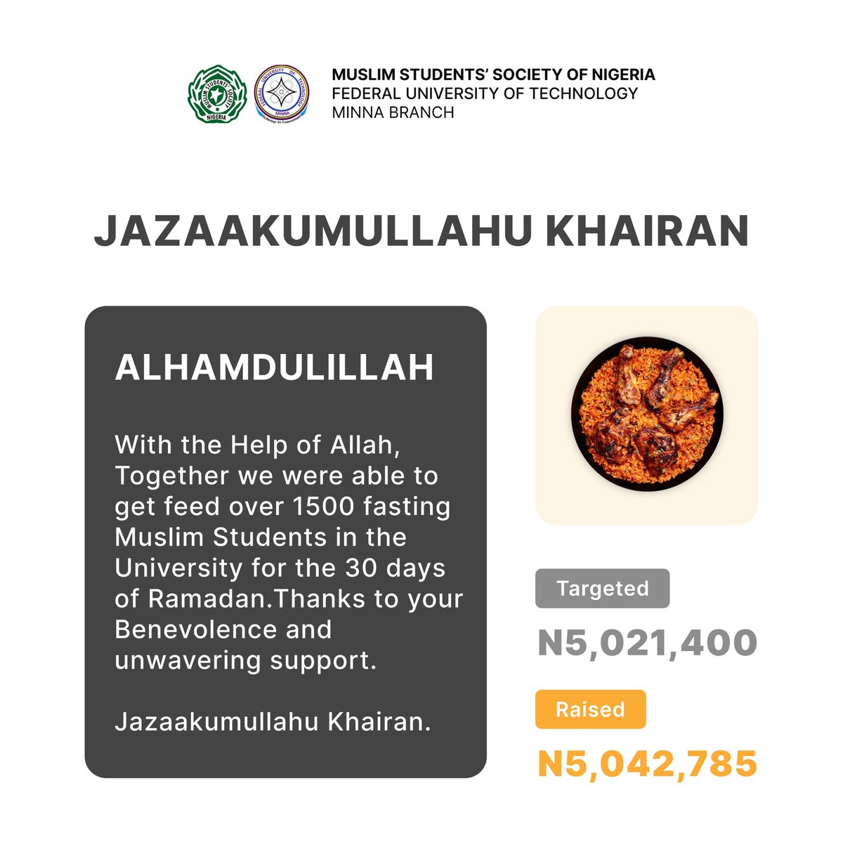 As we wrap up an incredible journey with Our Feed a soul project, we find ourselves reflecting on the immense impact your generosity has had. Jazakum Allahu khayran for your unwavering support. *© MSSN FUTMinna*