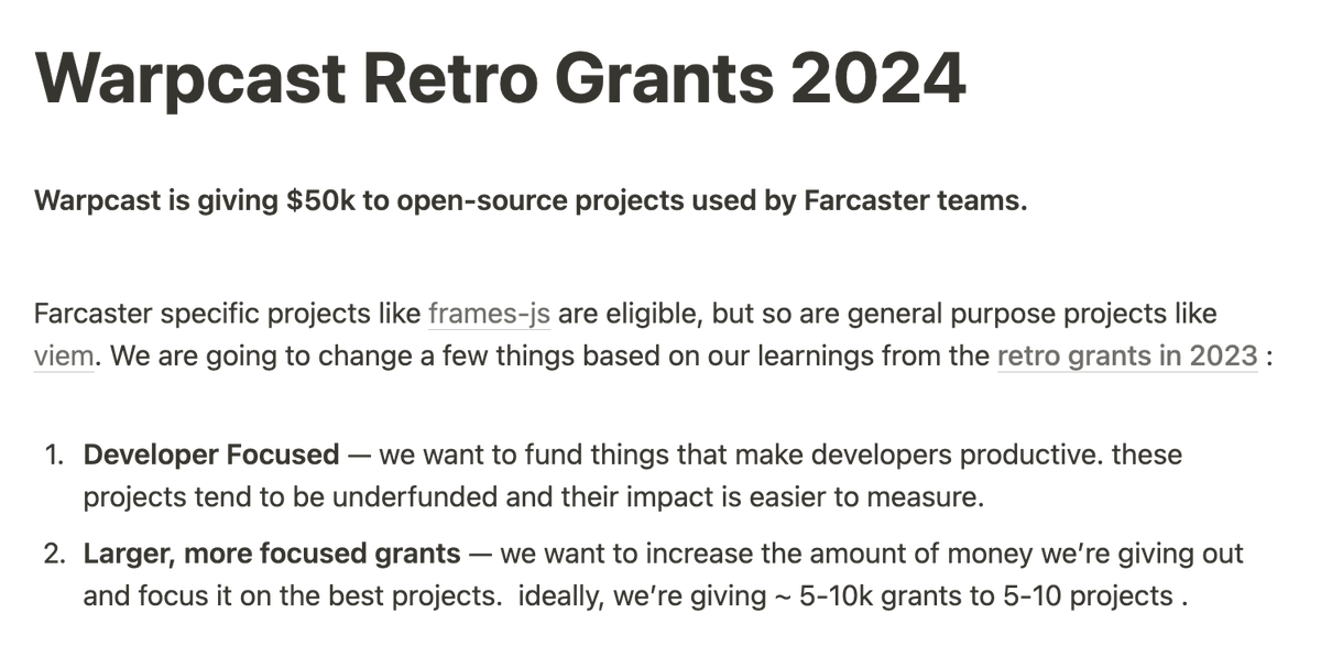 Warpcast is giving $50k to OSS projects that help the Farcaster ecosystem. If your codebase is MIT licensed and used by a Farcaster project, you qualify. The deadline is April 31st, see thread for the link.