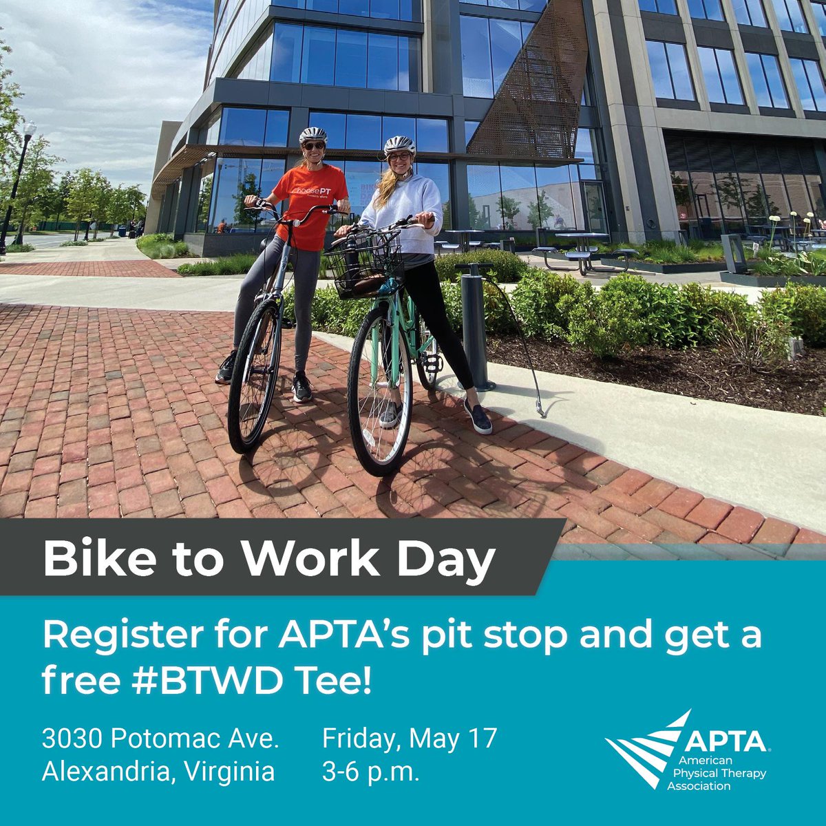 Join APTA next month on Friday, May 17, to celebrate #BikeToWorkDay! 🚲 Register now to stop by for snacks, refreshments, and your free #BTWD2024 tee: biketoworkmetrodc.org/alexandria-nat…