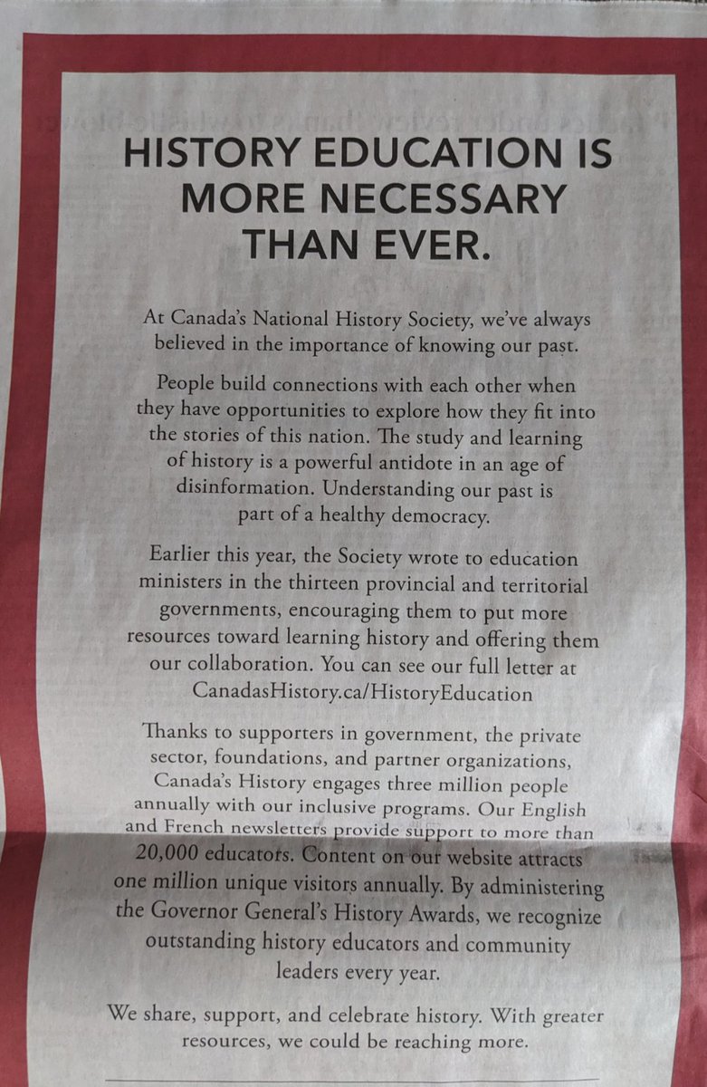 Money well spent by @CanadasHistory this full page ad in the Globe. I couldn't agree more. The organization wrote to all of Canada's ministers of education. I would love to see what the responses were.