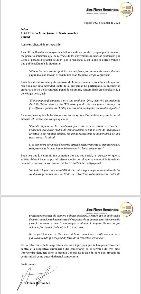 El senador @AlexFlorezH trata de intimidarme con su posición, diciéndome que me retracte o me denuncia en la fiscalía. No hice ninguna “expresión injuriosa” pues todo el país lo vio en semejante acto y de ser el caso demostraré mi inocencia con mis abogados Brito Bojacá, pues no…