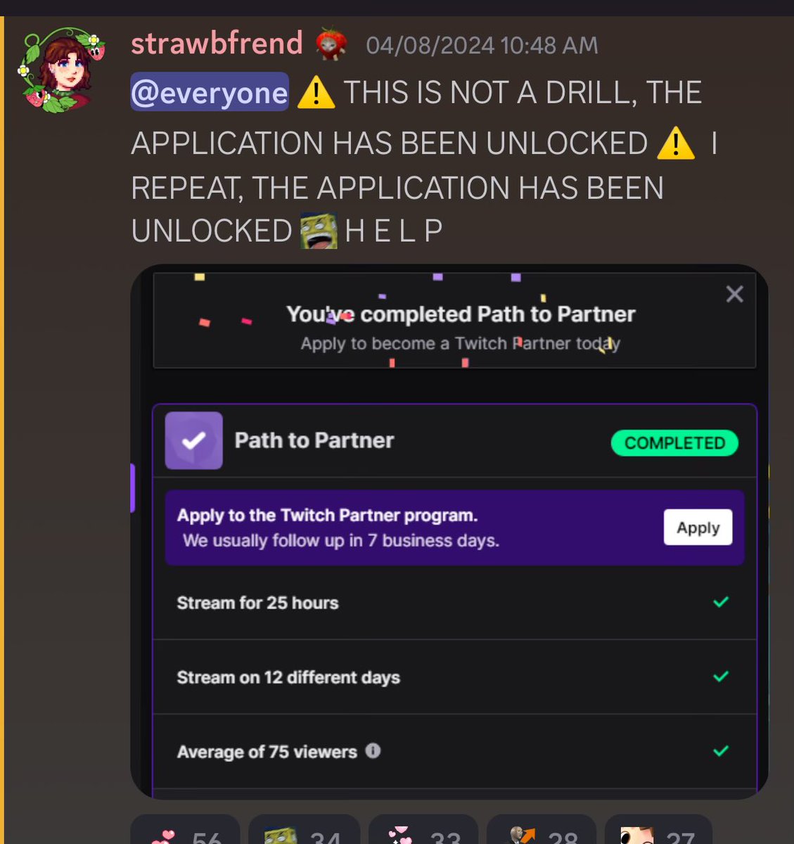 strawbfrend's tweet photo. 🌈last weekend I unlocked the partner application! 🌷 after spending some time trying to decide what to do next, today I decided to just give it a go and apply. the worst they can do is say no, right? 👀

we’ll see what they think, in the meantime wish me luck! ✨🍓✨ https://t.co/ZrUMzkb9AT