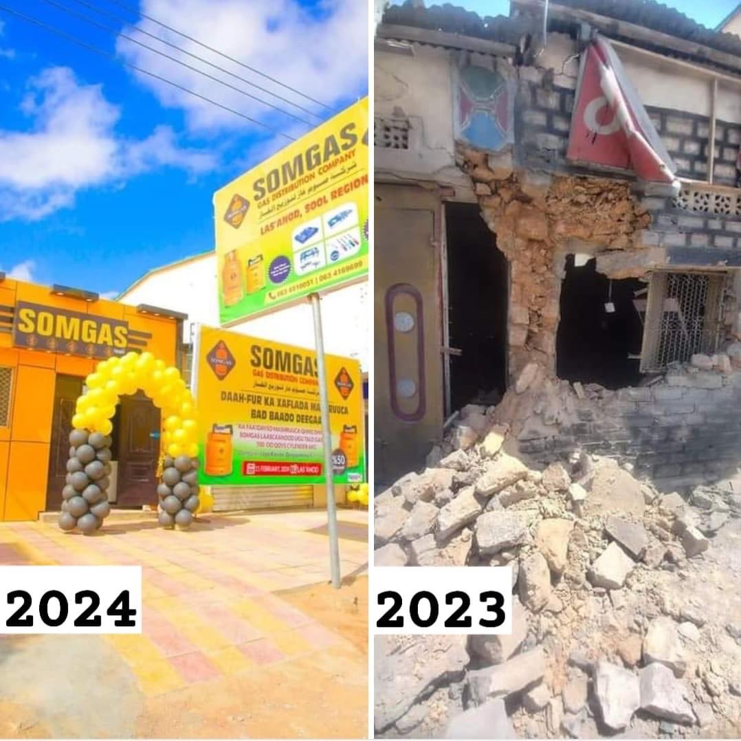 An example of how #Laascaanood is recovering from the 2023 bombardment campaign by the Somaliland regime.

Same location~ 2023 and 2024 
#KhaatumoState of Somalia