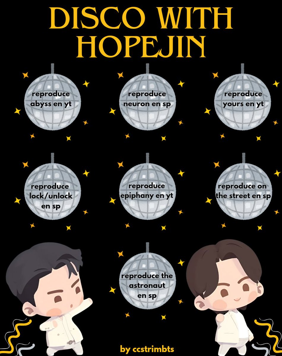 DISCO WITH HOPEJIN 🪩

Una pequeña dinámica focus en seokjin y hoseok en las plataformas de yt y sp, pueden hacer un hilo participando y nos etiquetan para poder verles (⁠^⁠^⁠)

#BTS #방탄소년단 #JHOPE #JIN