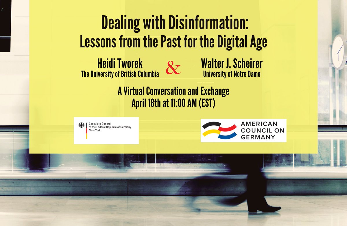Next week, on April 18, @HeidiTworek and @wjscheirer will share why it is useful to take a look at disinformation through a historic lens. Together with @ACG_USA, we invite you to tune in to the next installment of our series “Dealing with Disinformation”: us02web.zoom.us/webinar/regist…