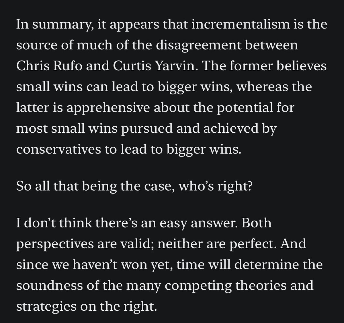 Looking forward to reading this later tonight. The ongoing back and forth between Rufo and Yarvin, as I wrote in January, is interesting because it is primarily focused on strategy, not ideological purity spiraling.