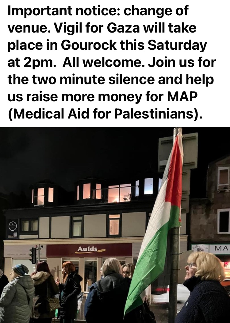 NB Change of venue for weekly Vigil for Gaza. Same time 2pm #ceasefire now.