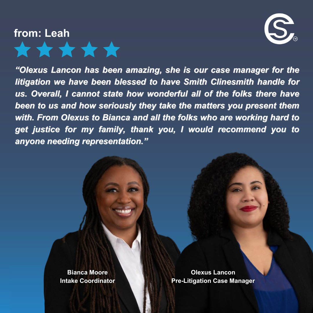 Celebrating the hard work and dedication of our standout team members, Bianca and Olexus! Client trust in us is our driving force! 

#TeamAppreciation #ClientTestimonial #TeamSmithClinesmith #RaisingtheBar #nursinghomeabuse