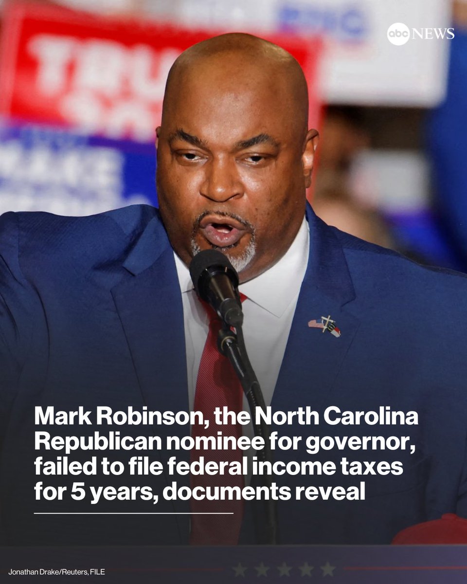 Bankruptcy records obtained by @ABC News reveal new details about how Mark Robinson, the North Carolina Republican nominee for governor, had failed to file his federal income taxes for five consecutive years starting in 1998. trib.al/hMcHiXi