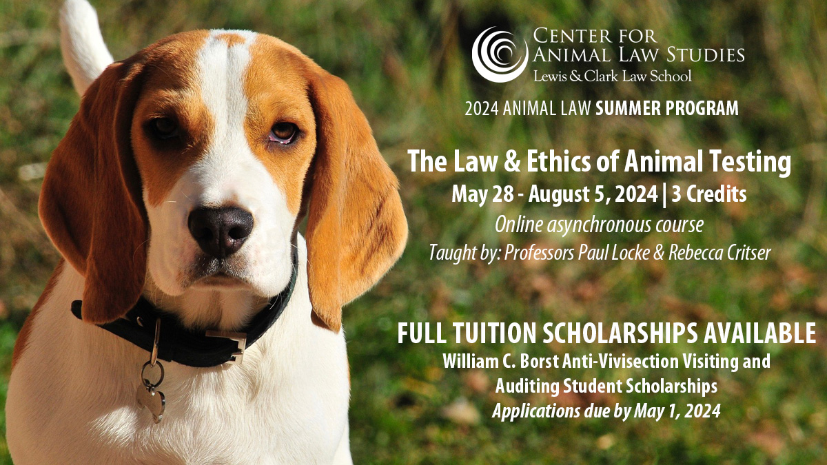 We are delighted to offer a limited number full-tuition Visiting and Auditing Student Scholarships to our Summer 2024 online course—The Law & Ethics of Animal Testing—taught by Professors Paul Locke and Rebecca Critser. Applications due by May 1. Details: law.lclark.edu/live/news/5337…