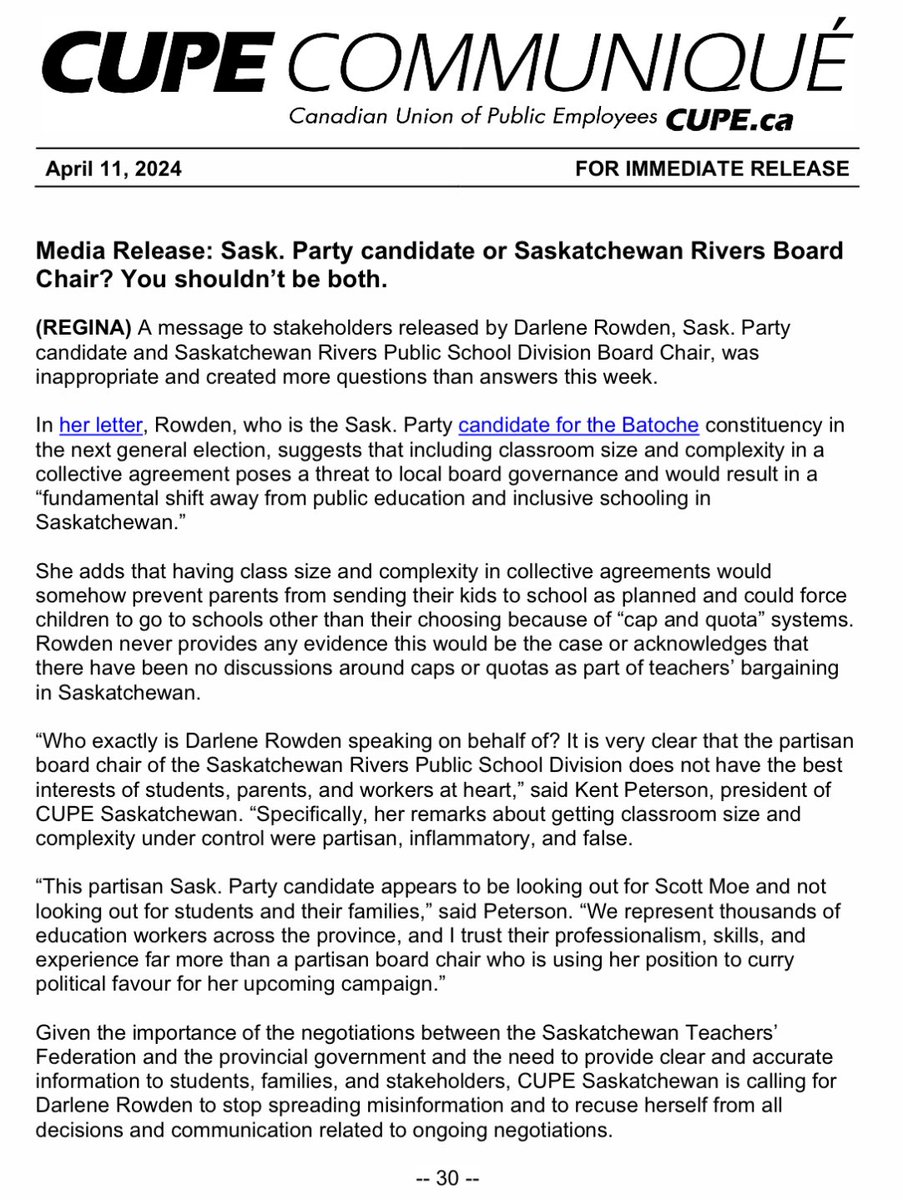 Darlene Rowden — Sask. Party candidate & Sask. Rivers School Division Chair — released a statement about class sizes. It didn’t sit well with me or the education workers I represent in that division, and across SK. Because her comments were partisan, inflammatory, and false.