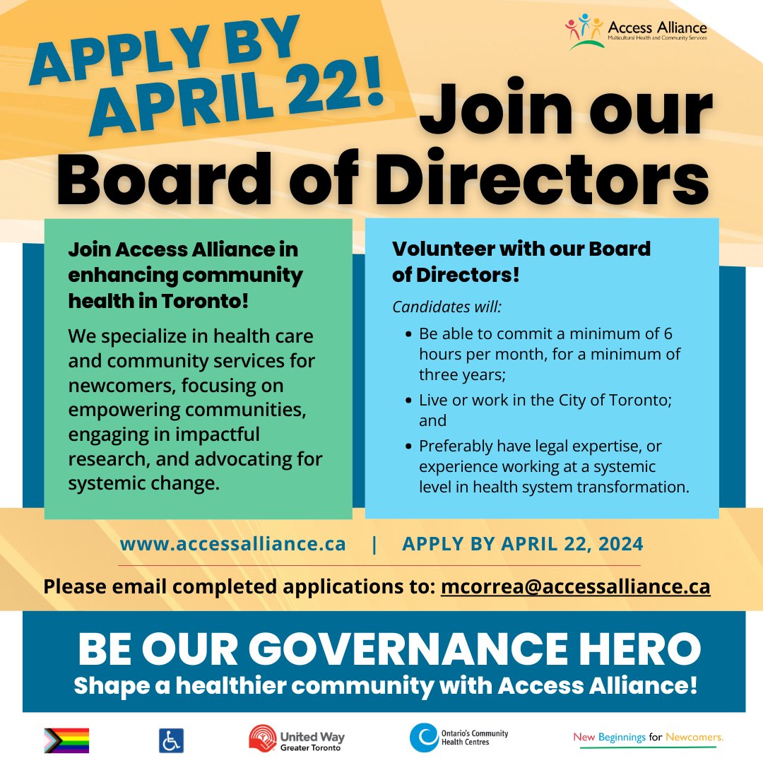 📣Apply by Apr. 22 to join our board! We specialize in health care & community services for newcomers, working to empower communities, engage in impactful research, & advocate for systemic change. Help improve health outcomes for Toronto newcomers. Apply: bit.ly/AABoardForm