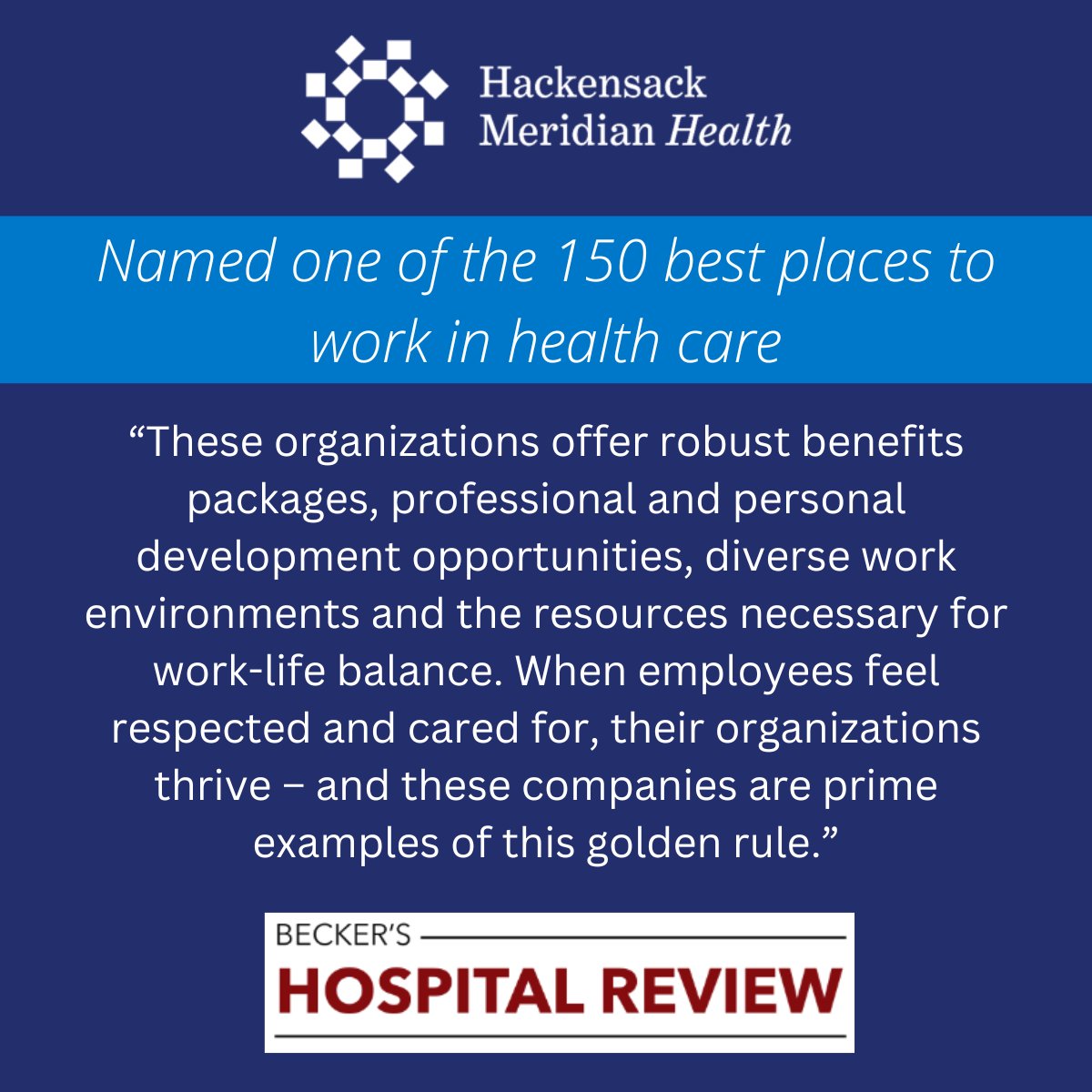 We believe caring for our patients begins with caring for our team. We're proud that this approach was recognized by @BeckersHR, who have named us among the top places to work in health care. Read more: beckershospitalreview.com/lists/150-top-…