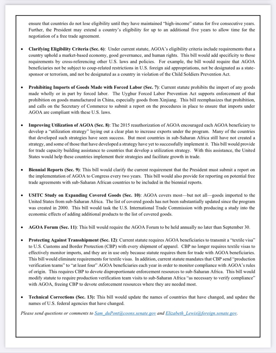 .@SenateForeign Ranking Member Risch and @ChrisCoons intro’d a bipartisan bill to renew and strengthen #AGOA. Risch: “This bipartisan bill aims to refine AGOA’s eligibility criteria, increase transparency, and hold U.S. agencies accountable for their advice to the president.”…