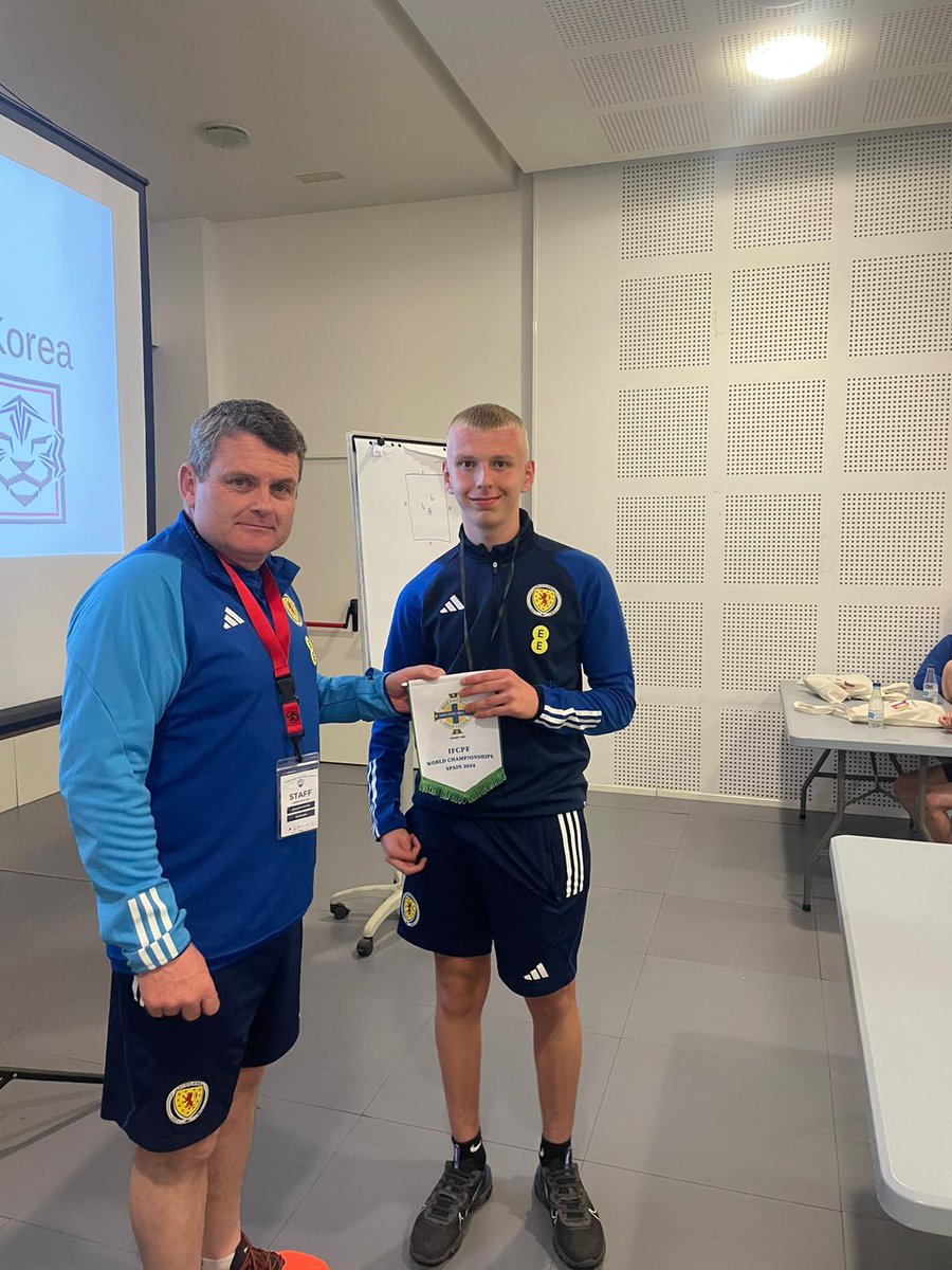 Delighted to present Logan Smith with the match pendant in recognition of his 1st cap for @CPfootball_SCO from todays opening  game v  Northern Ireland at the @ifcpf World Championships in Salou this afternoon , congrats Logan many more to come I’m sure