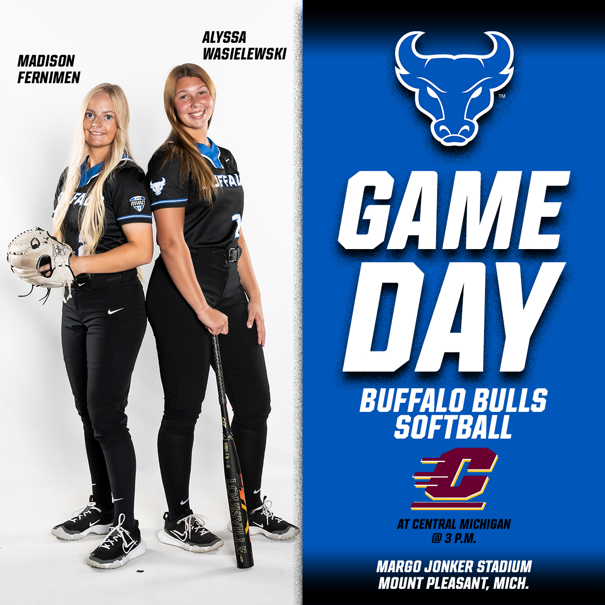 🥎🔵𝗚𝗔𝗠𝗘𝗗𝗔𝗬🥎⚪️ Game 1 between the Bulls and Chippewas! 🆚 Central Michigan ⏰ 3 p.m. 📍 Mount Pleasant, Mich. 🏟️ Margo Jonker Stadium 📊 tinyurl.com/5x95z897 📺 tinyurl.com/54dsruty #UBhornsUP #MACtion