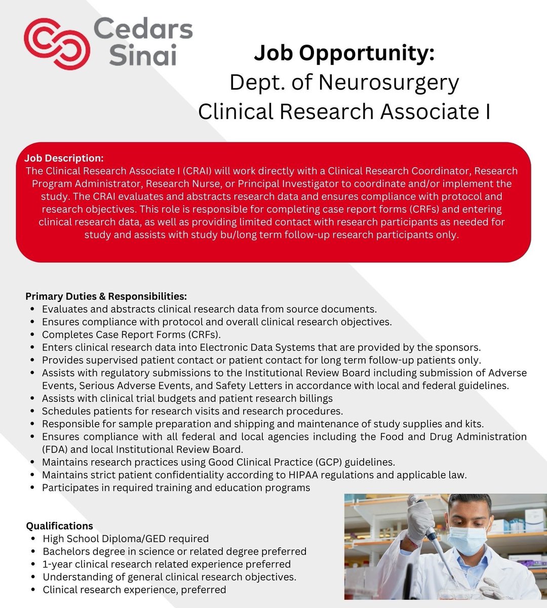 Attention Medical Students: We’re Hiring! Interested in Research? Join Cedars-Sinai’s Department of Neurosurgery as a Clinical Research Associate! If interested, please send CV to Samantha.Phu@cshs.org #MedicalResearch #MedTwitter #Medstudents #medstudenttwitter