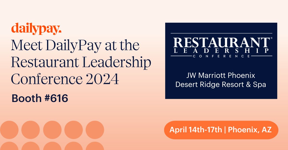 DailyPay is glad to be a part of @connect_foods Restaurant Leadership Conference from April 14th-17th! We're excited to connect with industry leaders and share how earned wage access is the secret ingredient to exceptional service. See you there! #RLC bit.ly/2Te5B8Z