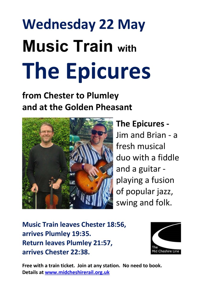 After the success of last week's music train, the next one departs from #chester on May 22nd Such a fabulous way to spend a spring evening & there is no need to book! #midcheshirerailwayline #livemusic #chester #plumley #travelbytrain @northernassist @BeeNetwork @Goldpheasant