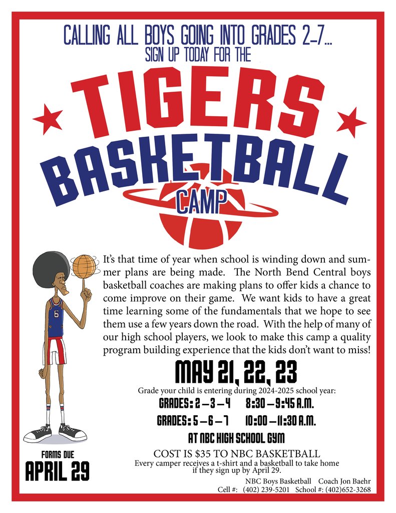 Flyers and forms went out to the 1st-6th grade boys yesterday about the NBC Youth Boys Basketball Camp in May. Forms are due Monday, April 29 to the school offices.
