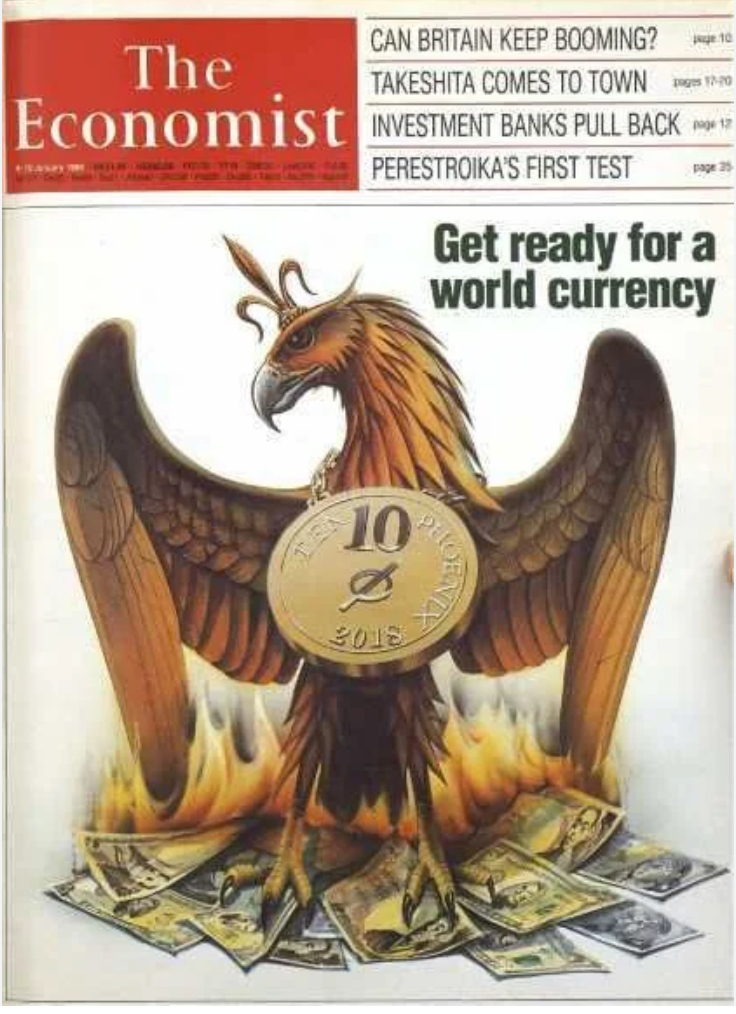 That’s possible.  We see the dollar burning in that pile under the Phoenix bird.  What other currencies are shown?