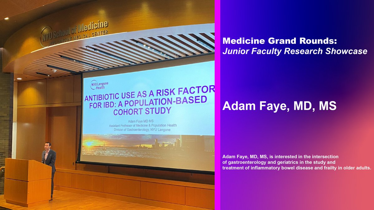 Dr. Adam Faye highlights research on Antibiotic Use & IBD Development at #JuniorFacultyResearchShowcase. Findings: 15% of #IBD diagnoses are in persons age 60+, antibiotic history ups IBD risk. #1 paper in Gut, 2023. #CrohnsDisease #UlcerativeColitis @AdamFayeMD @MarkPochapin