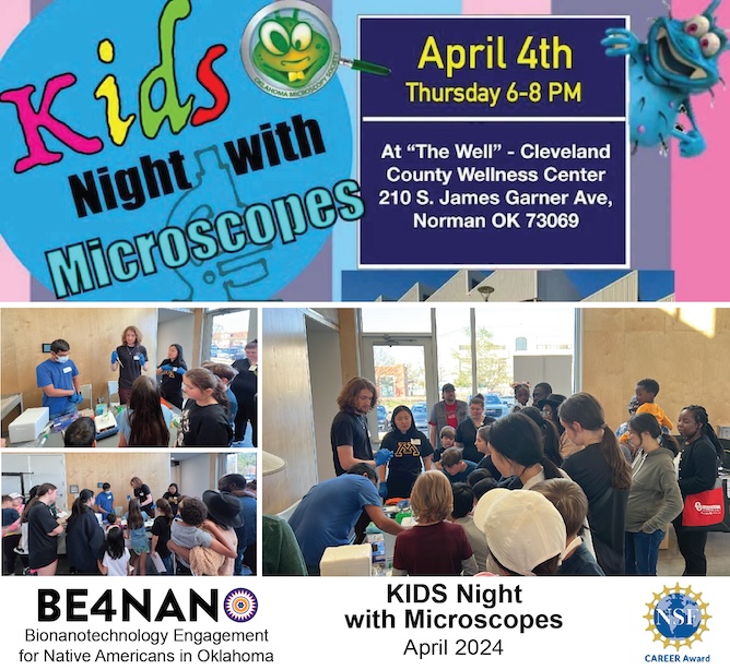 The @Wilhelm_Lab team joined the 'Kids Night w/ Microscopes' outreach event organized by the Oklahoma Microscopy Society & @OUsrnml Thanks for the invitation & opportunity to share our bionanotechnology research! #BE4NANO @sbme_ou @ENGINEERINGatOU @OUResearch @StephensonCC