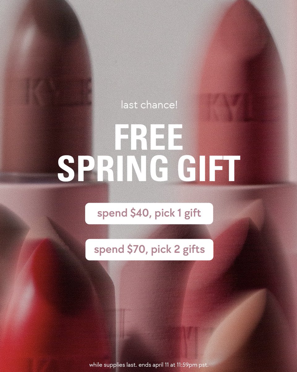 pick up a free lipstick with any $40 order on kyliecosmetics.com 💄 spend $40, pick 1 gift spend $70, pick 2 gifts ending tonight at 11:59pm pst