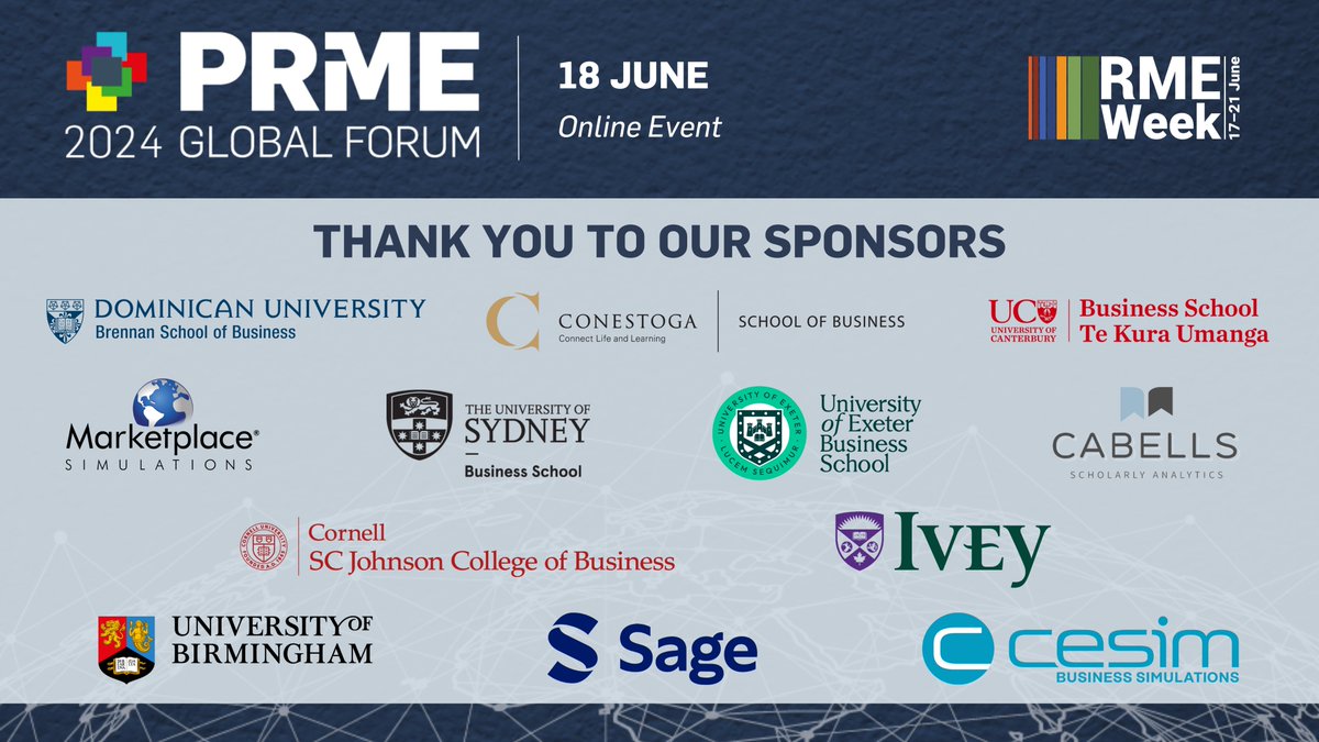 📣Shoutout to the wonderful sponsors of the 2024 PRME Global Forum! We're proud to be aligned in our mission to transform management education with these impactful organizations. 🌐Join us on 18 June for 21 hours of programming across all time zones👉events.zoom.us/ev/Ao-o51iPpVG…