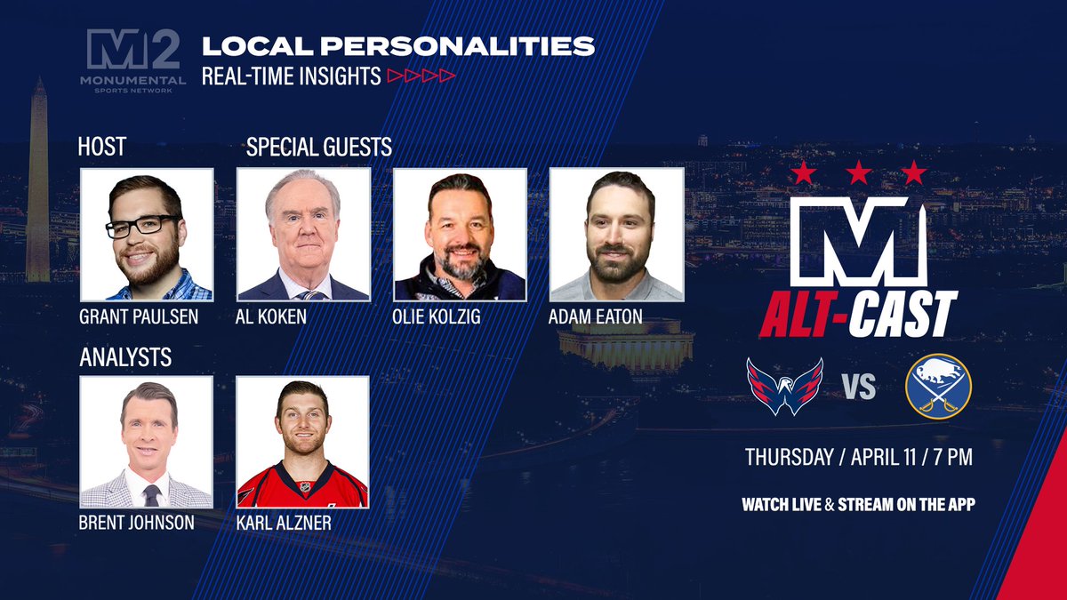 Watch tonight's #CapsSabres matchup with a loaded Alt-Cast lineup 🏁 Join @granthpaulsen, @JohnnyGoalie12 & @KarlAlzner on MNMT 2️⃣ along with special guests @RealSmokinAl, Olie Kolzig & Adam Eaton for some live game entertainment 📺 #ALLCAPS
