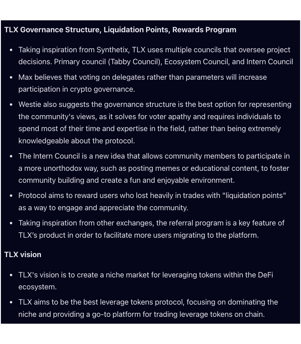 Did you miss the Spartan Space with @TLX_Fi? Here is a quick overview of what we covered & some notes below: - Background on the team building TLX - Deep dive into leverage tokens - TLX Gov structure - Liquidation Points, Referral Program - TLX’s vision - $TLX distribution