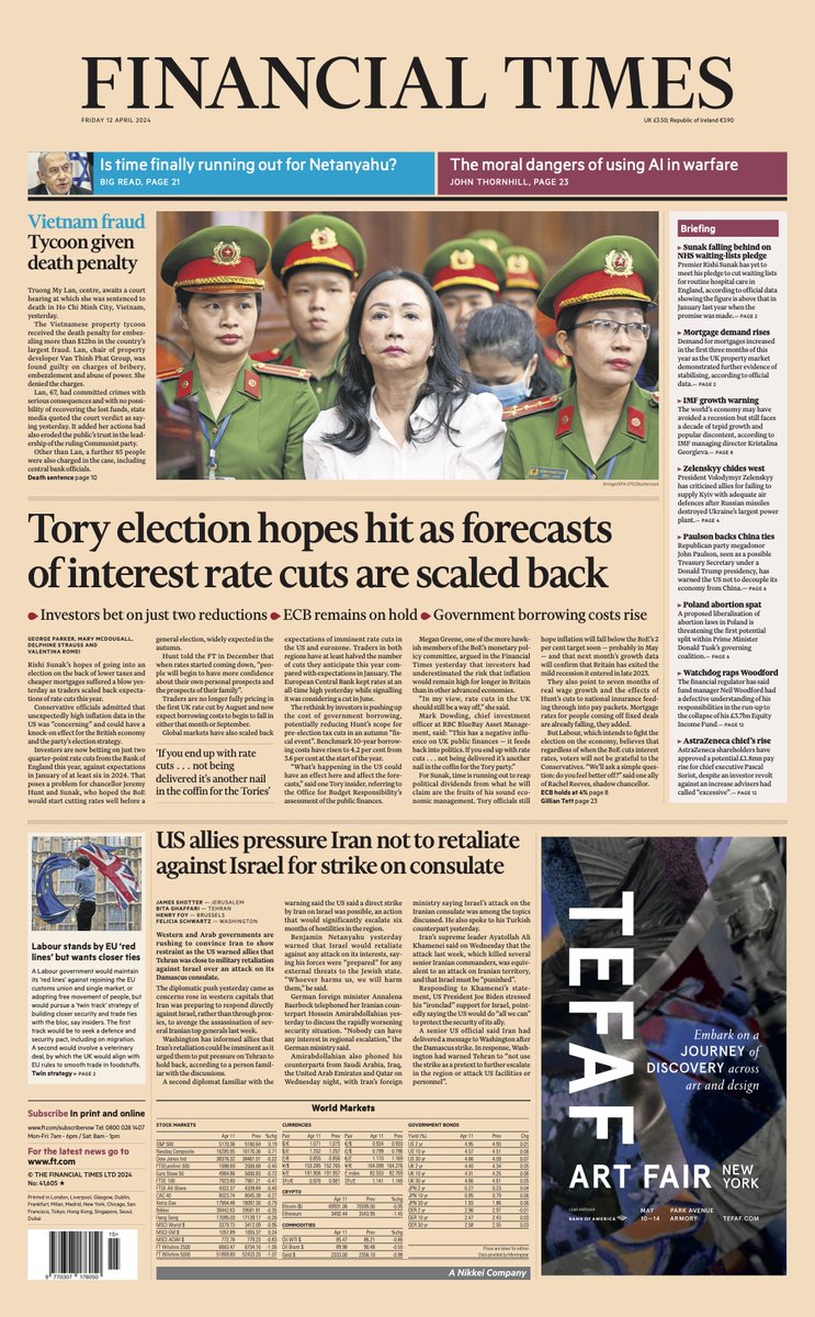 Just published: front page of the Financial Times, UK edition, Friday 12 April on.ft.com/3xr2dOk